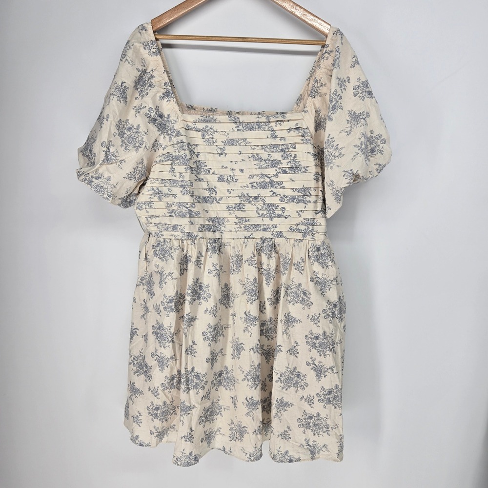 Morning Lavender Dress 3XL Linen Cream Blue Floral Pintuck Smocked Babydoll Mini